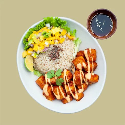 Cubes tofu rice with mango salad