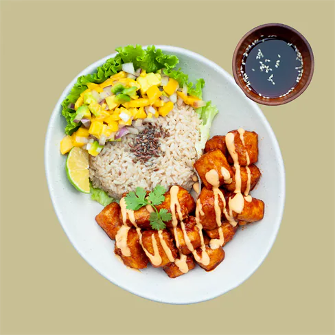 Cubes tofu arroz con mango ensalada